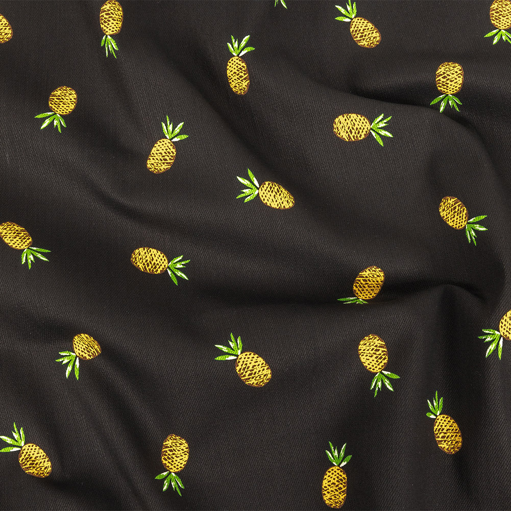 Black and Yellow Pinapples Printed Stretch Cotton Denim