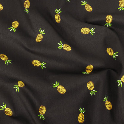 Black and Yellow Pinapples Printed Stretch Cotton Denim