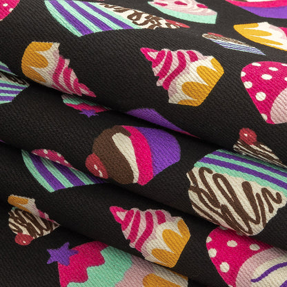 Black and Pink Cupcakes Printed Stretch Cotton Denim Folded