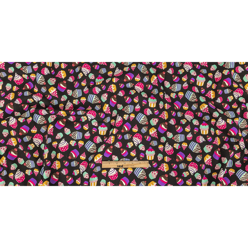Black and Pink Cupcakes Printed Stretch Cotton Denim Full