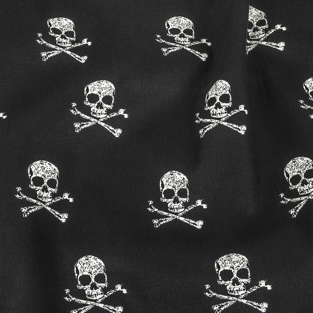 Skull and Crossbones Printed Stretch Cotton Denim