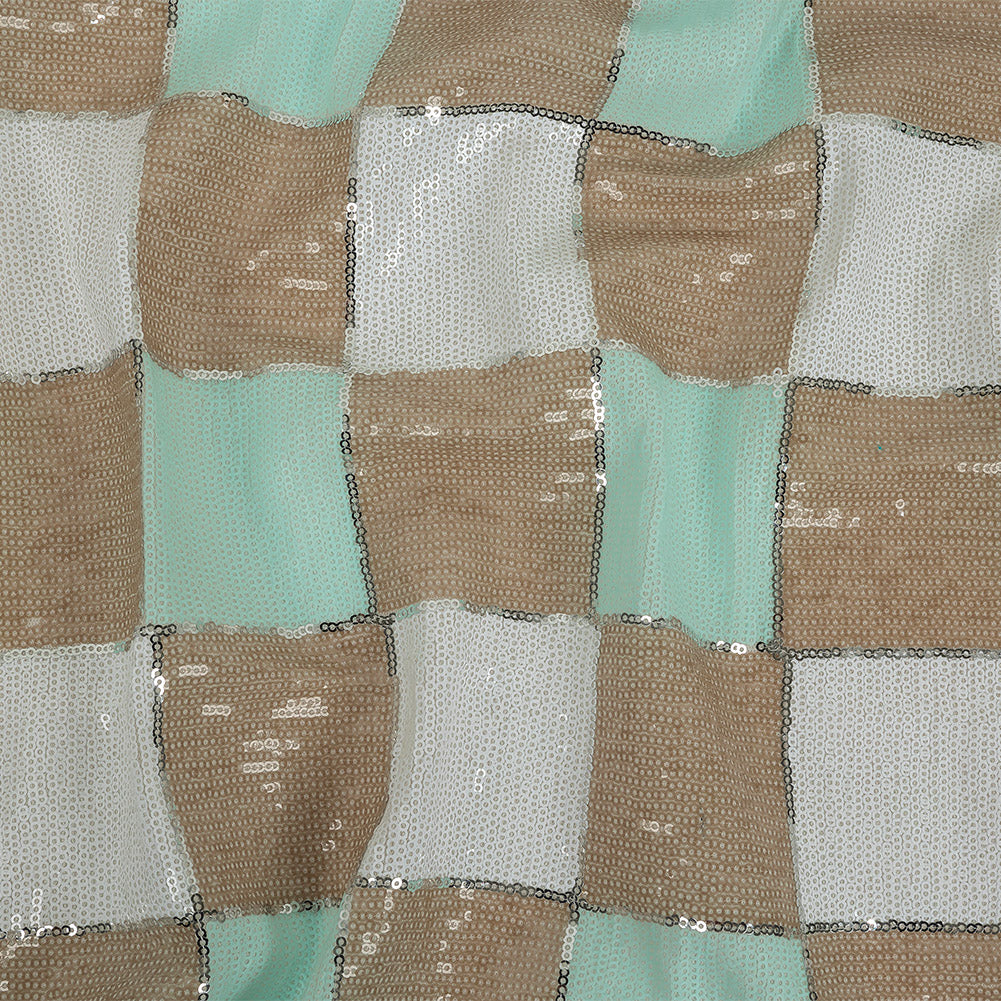 Italian Soothing Sea, Light Taupe and Lucent White Baby Sequin Squares on White Mesh