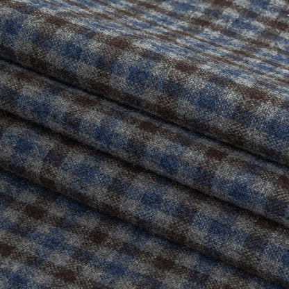 Italian Estate Blue, Gray and Brown Tattersall Check Super 100 Wool and Cashmere Suiting Folded