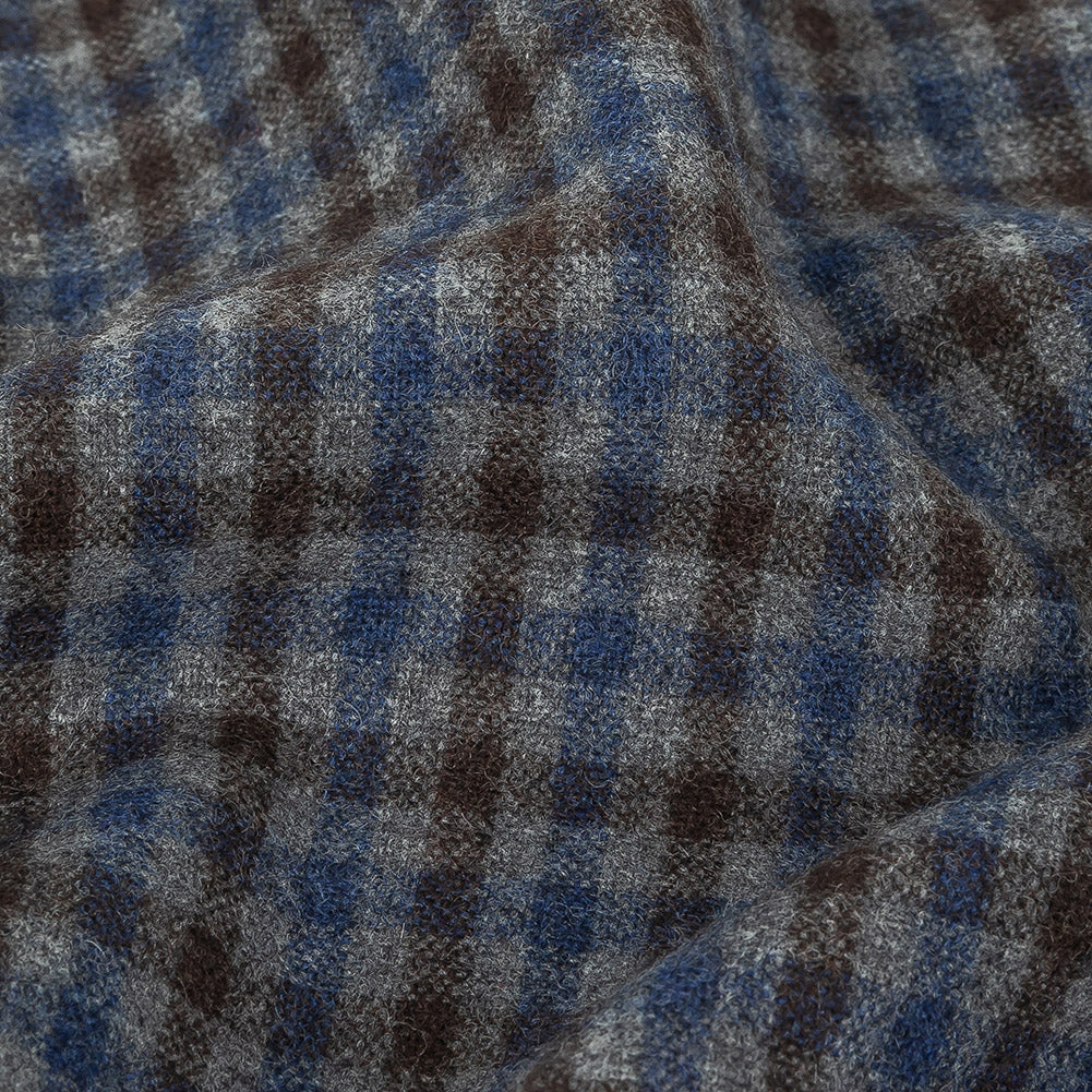 Italian Estate Blue, Gray and Brown Tattersall Check Super 100 Wool and Cashmere Suiting Detail