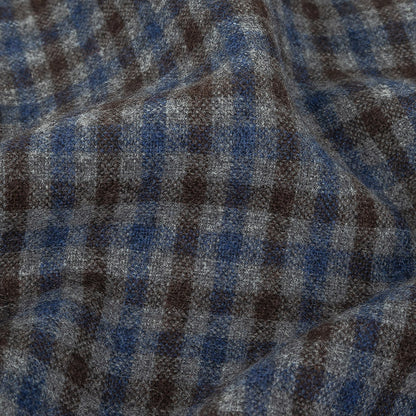 Italian Estate Blue, Gray and Brown Tattersall Check Super 100 Wool and Cashmere Suiting Detail