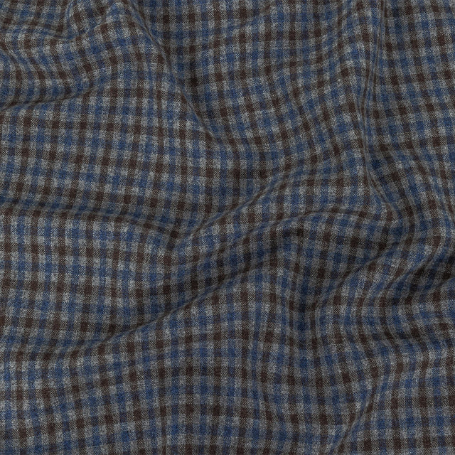 Italian Estate Blue, Gray and Brown Tattersall Check Super 100 Wool and Cashmere Suiting