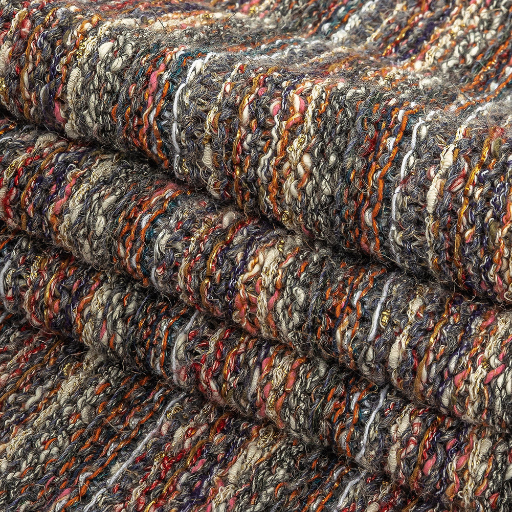 Gray, Red and Metallic Gold Striped Chunky Cotton and Wool Knit Folded