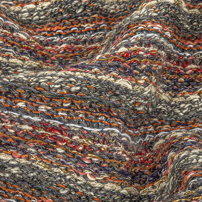Gray, Red and Metallic Gold Striped Chunky Cotton and Wool Knit Detail