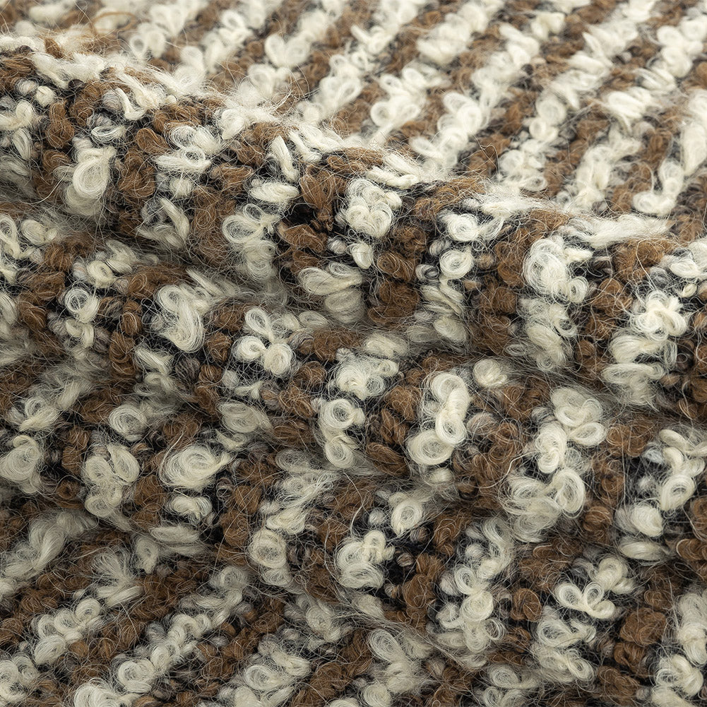 Italian Beige, Ivory and Black Striped Knit Wool Boucle Folded
