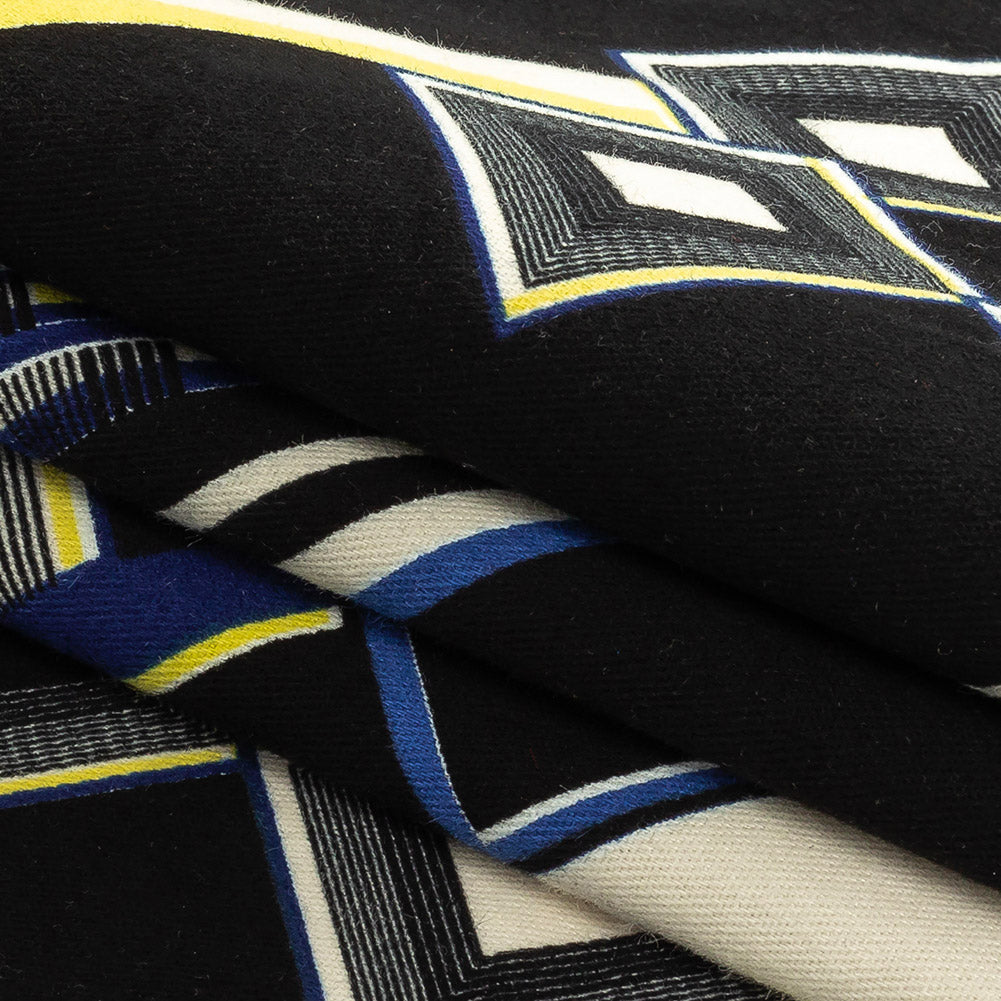 Navy, Yellow and Cobalt Geometric Stretch Brushed Cotton Twill Folded