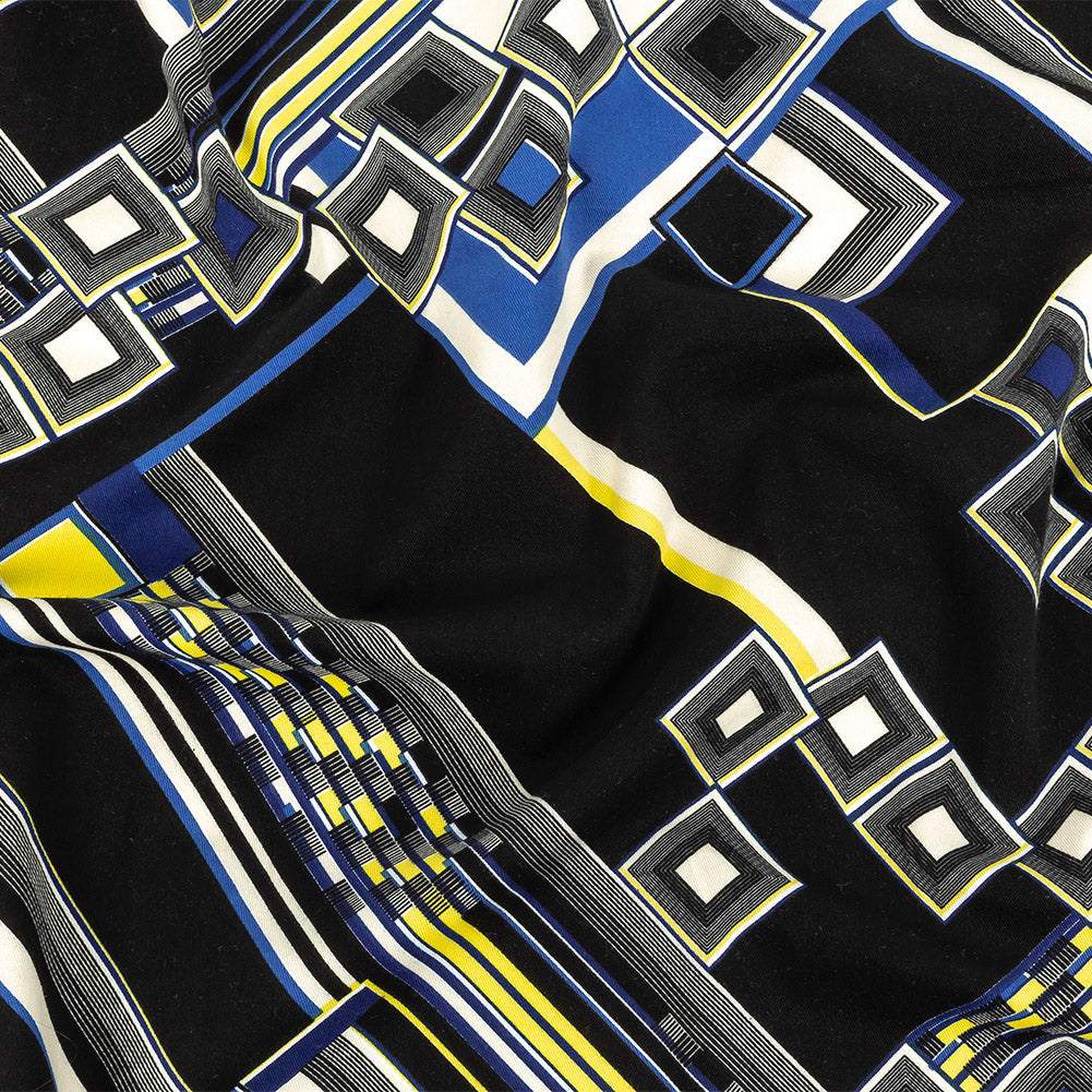 Navy, Yellow and Cobalt Geometric Stretch Brushed Cotton Twill