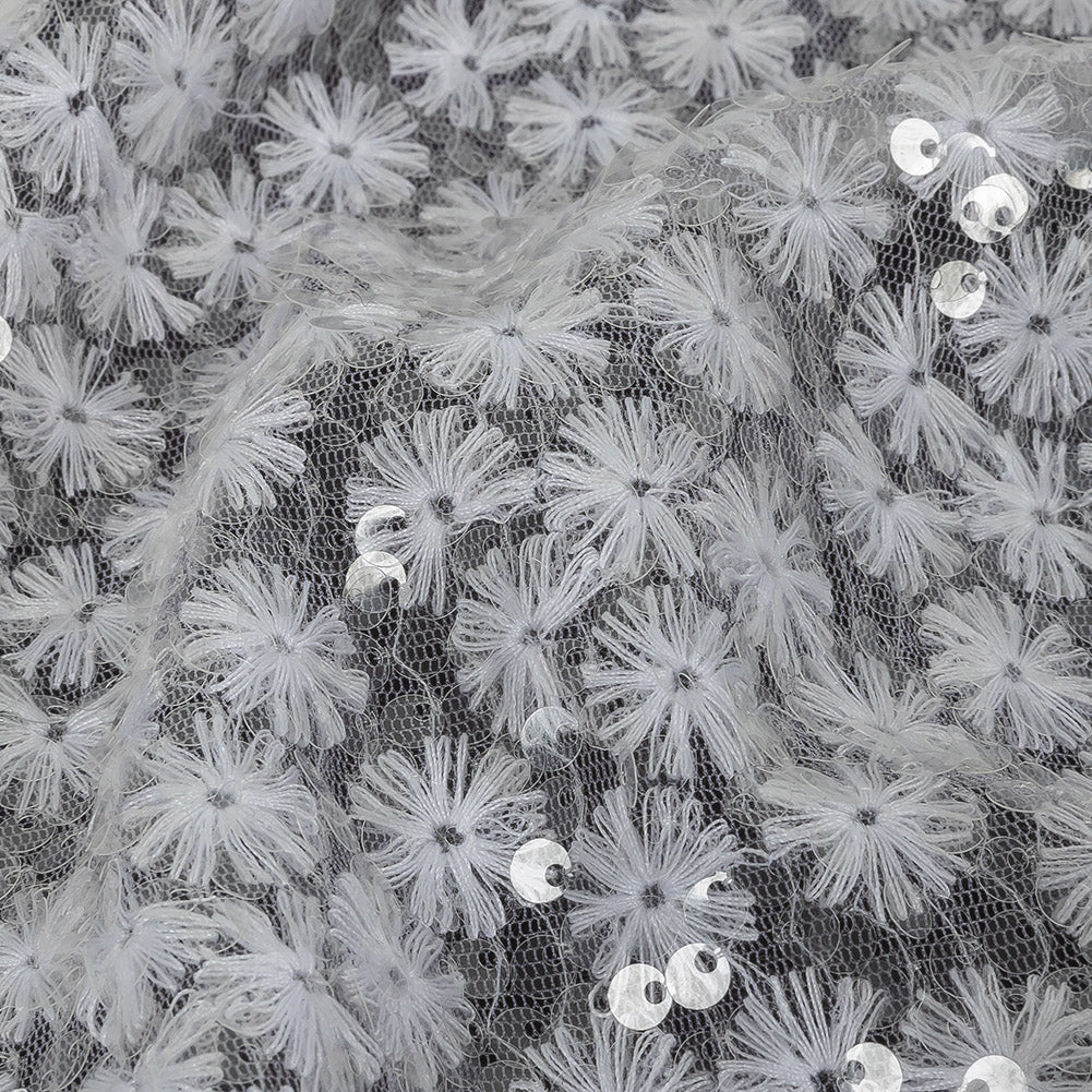White Daisy Embroidered Netting with Clear Baby Sequins Detail