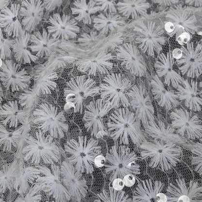 White Daisy Embroidered Netting with Clear Baby Sequins Detail