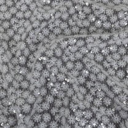 White Daisy Embroidered Netting with Clear Baby Sequins