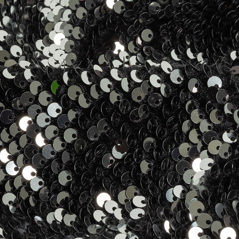 Milly Italian Black and Reflective Silver Paillette Sequins on Black Stretch Velour Detail