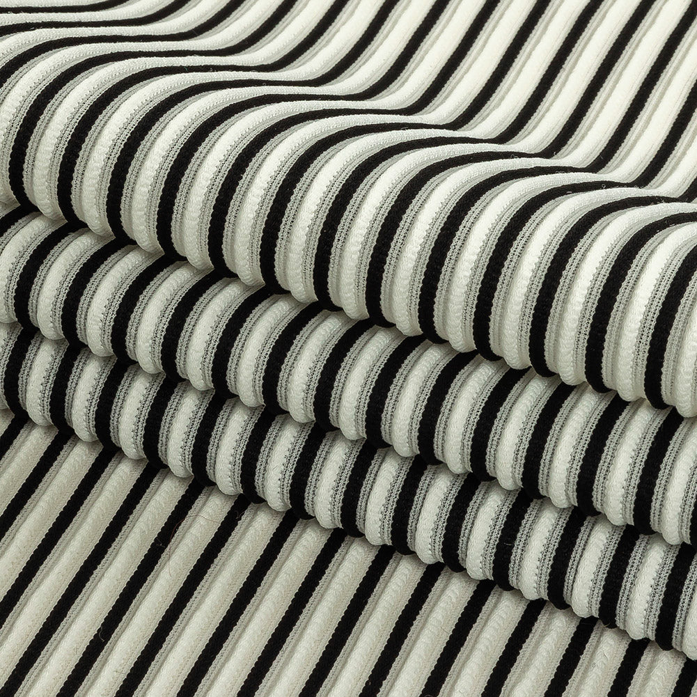 Italian Bright White and Black Raised Stripes Stretch Knit Folded