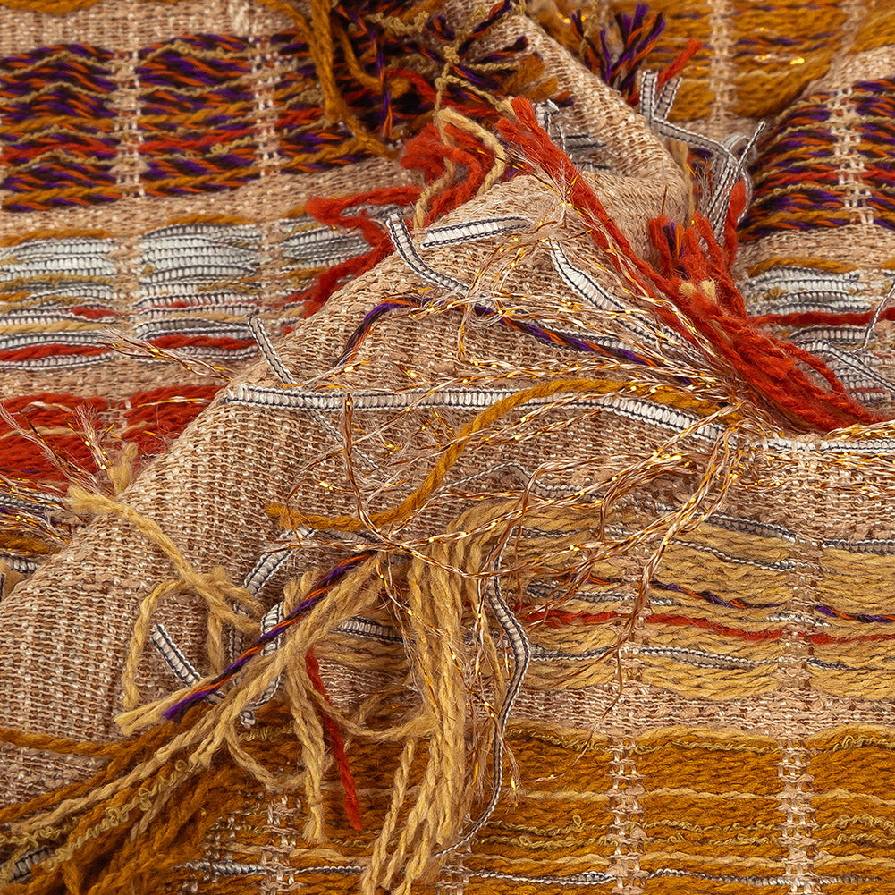 Orange, Honey Yellow and Beige Striped Fringe Novelty Woven Detail