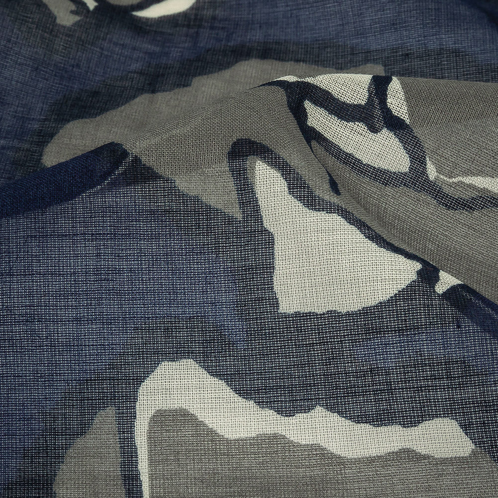 Navy, Gray and Harbor Blue Floral Printed Cotton Voile Detail