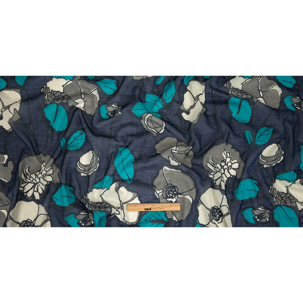 Navy, Gray and Harbor Blue Floral Printed Cotton Voile Full