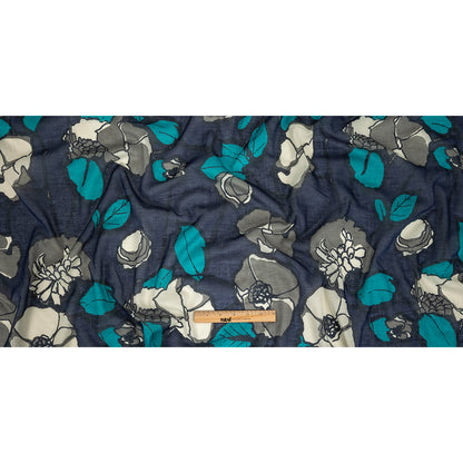Navy, Gray and Harbor Blue Floral Printed Cotton Voile Full