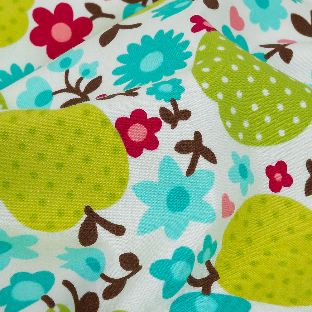 Green Glow Polka-Dotted Apples and Aqua Floral Printed Cotton Poplin Detail