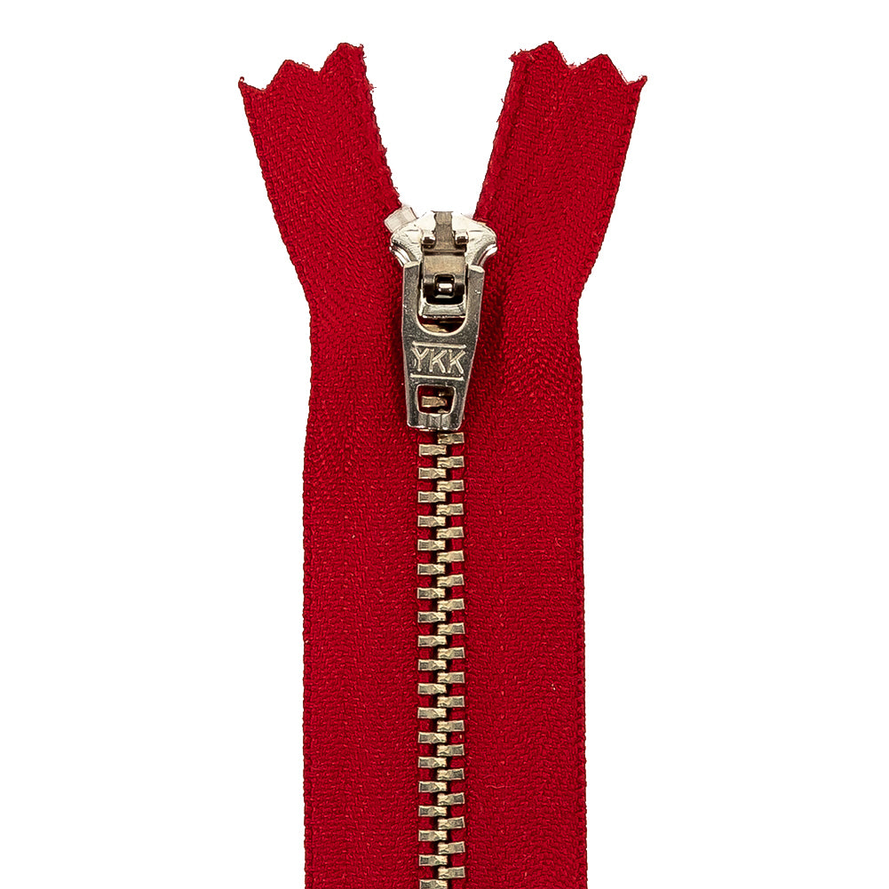 YKK Red Metal Closed Bottom Zipper with Silver Teeth - 4.5" Detail