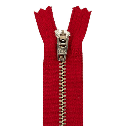 YKK Red Metal Closed Bottom Zipper with Silver Teeth - 4.5" Detail
