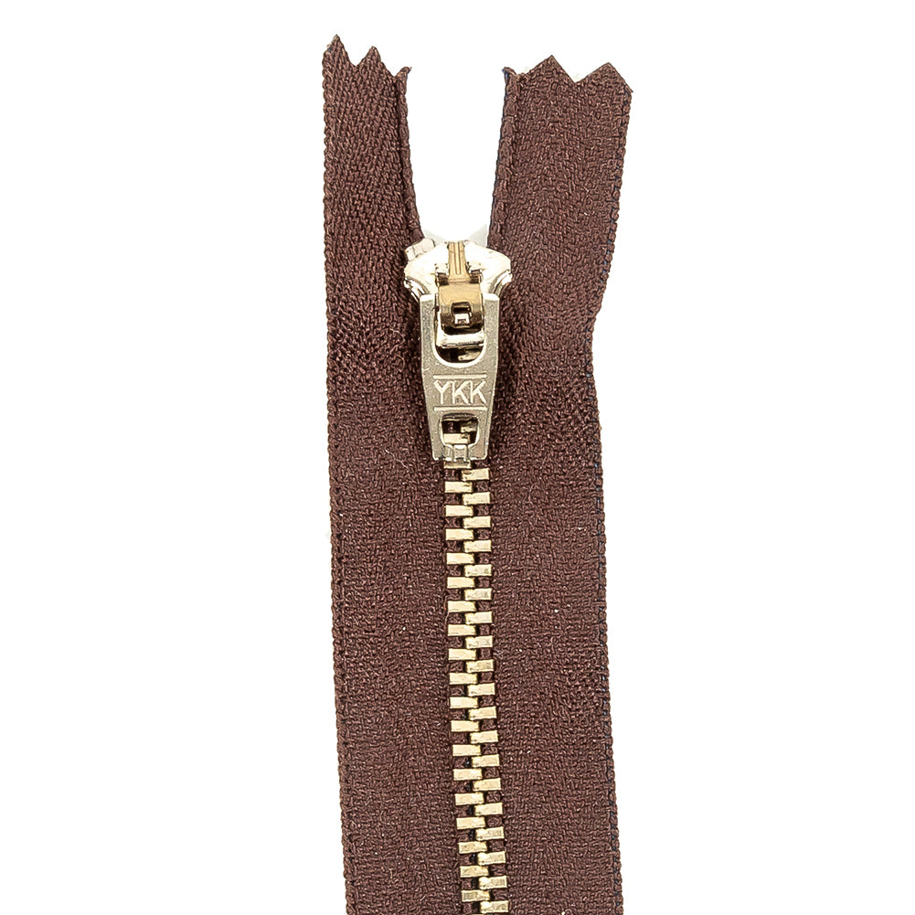 YKK Brown Metal Closed Bottom Zipper with Silver Teeth - 5" Detail