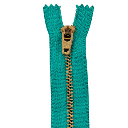 YKK Teal Blue Metal Closed Bottom Zipper with Gold Teeth - 5.5" Detail