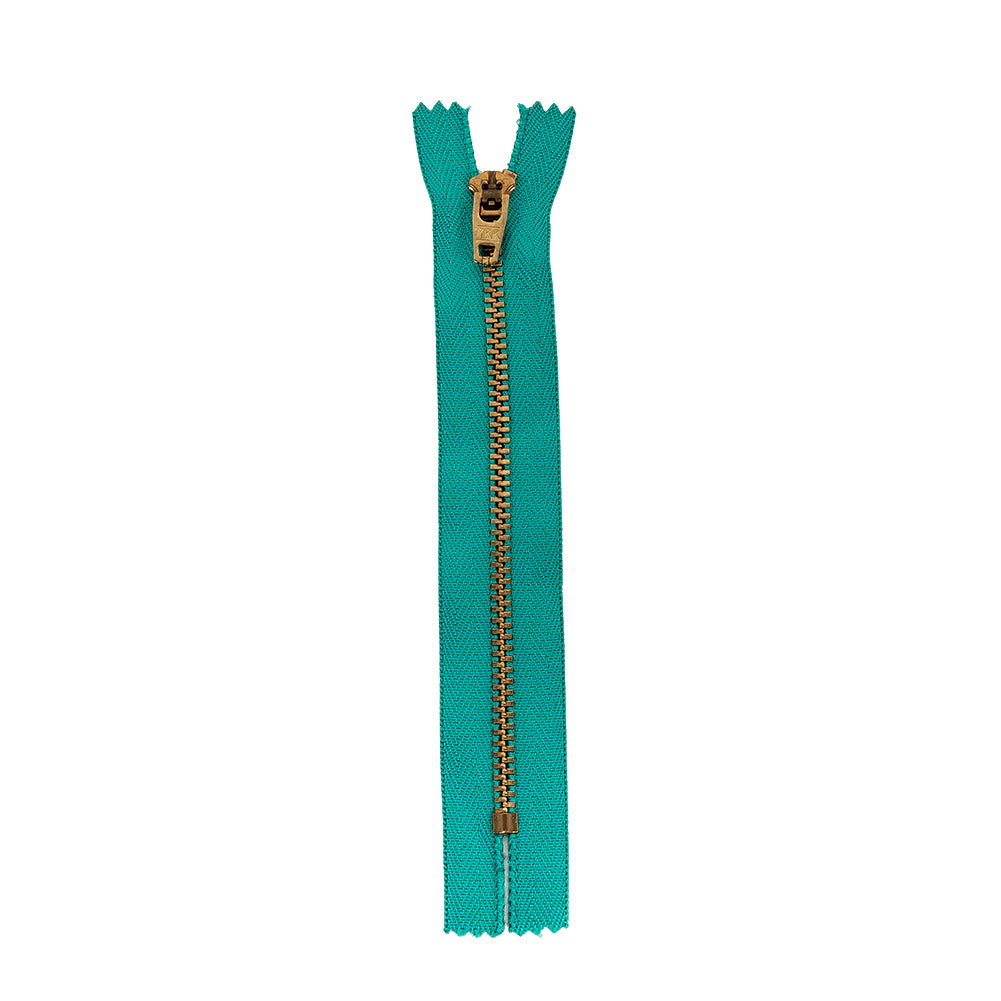 YKK Teal Blue Metal Closed Bottom Zipper with Gold Teeth - 5.5"