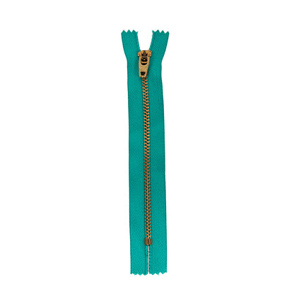 YKK Teal Blue Metal Closed Bottom Zipper with Gold Teeth - 5.5"