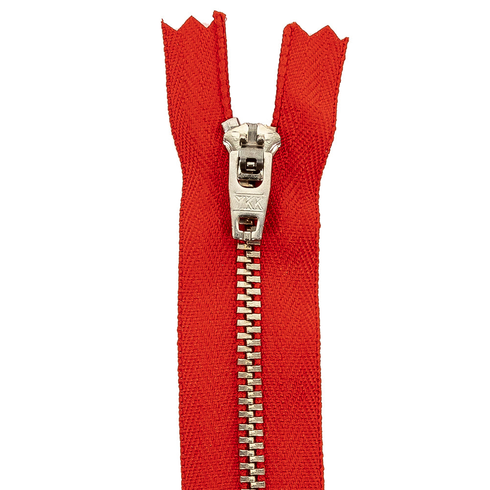 YKK Red Metal Closed Bottom Zipper with Silver Teeth - 5.5" Detail
