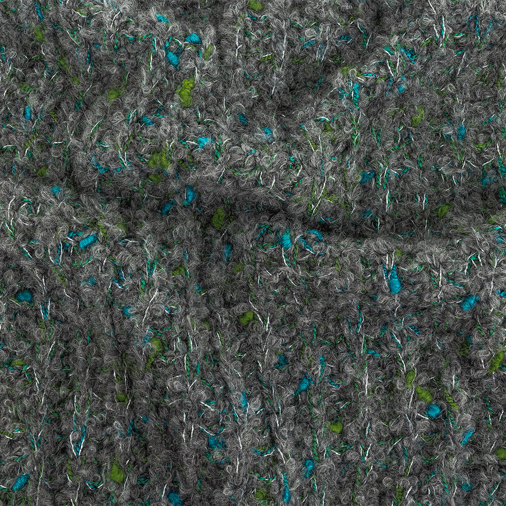 Gray, Mosaic Blue and Lime Boucled Wool Sweater Knit