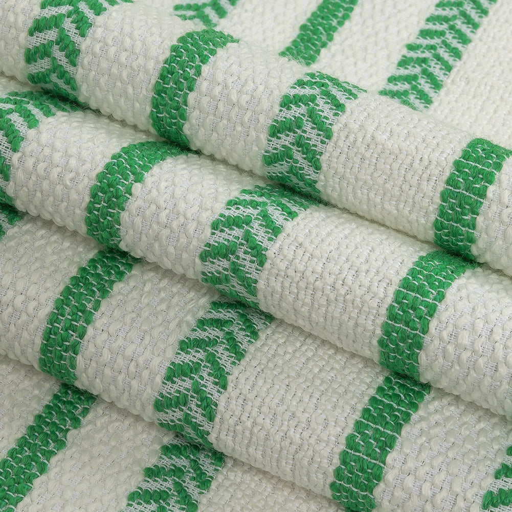 Italian White and Green Striped Hopsack Cotton Tweed Folded
