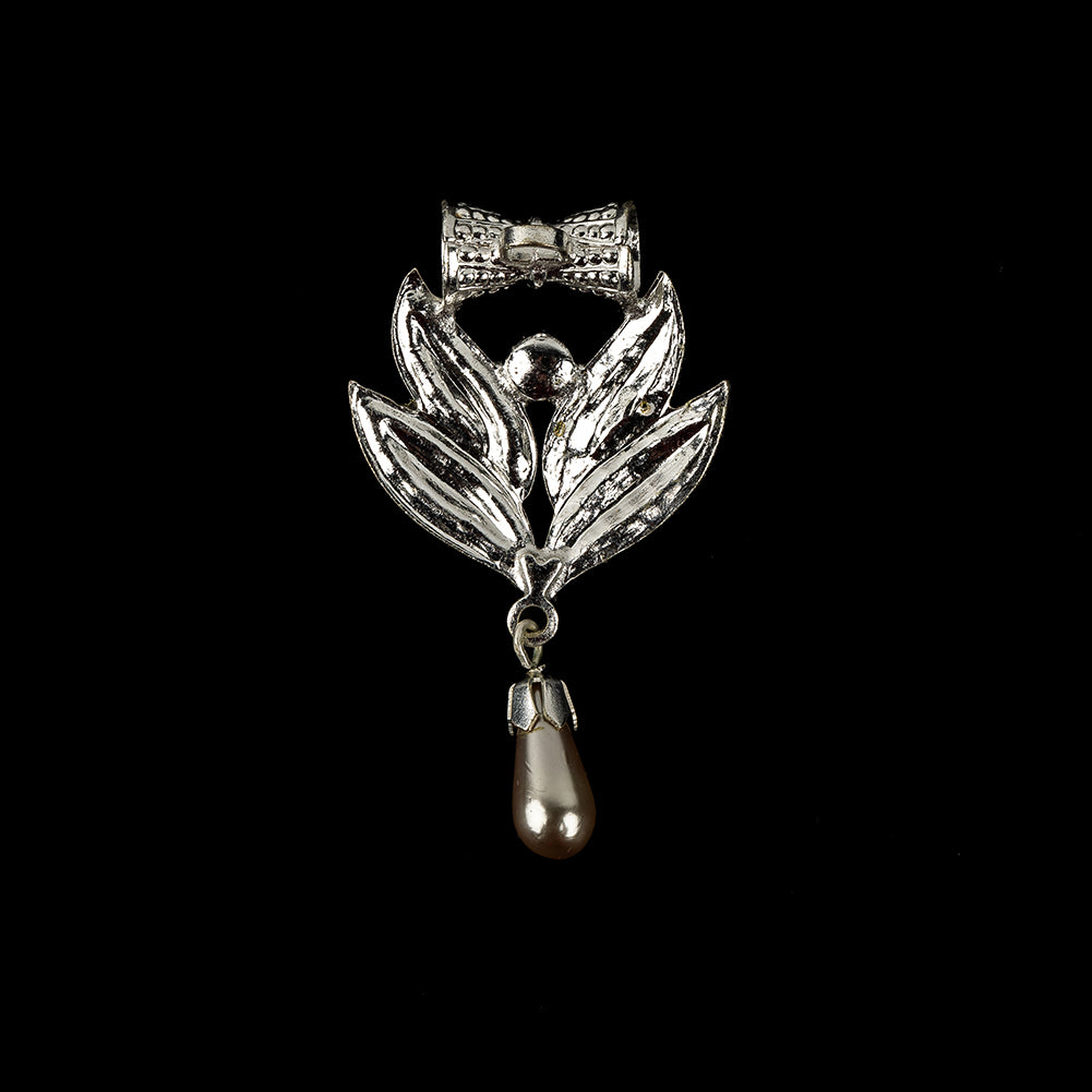 Vintage Crystal Rhinestones and Silver Metal Pearl Drop Classical Ornament with Bow - 1.625" x 1" Detail