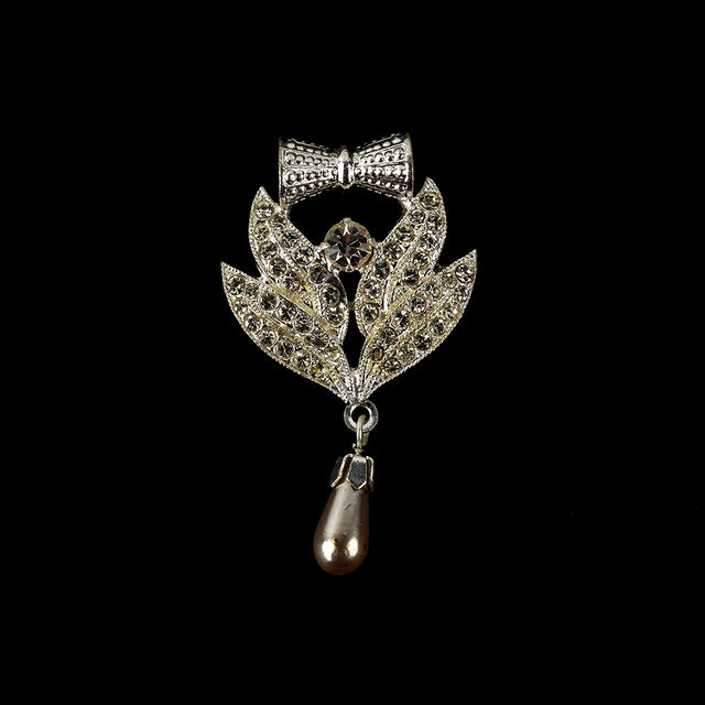Vintage Crystal Rhinestones and Silver Metal Pearl Drop Classical Ornament with Bow - 1.625" x 1"