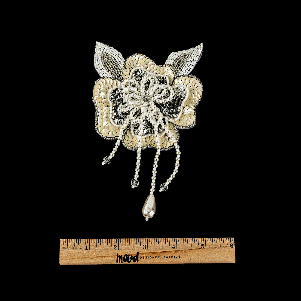 Vintage Golden Iris and Pearl, Silver Sequins and Beaded 3D Floral Applique with Crystal Bead Center - 6.625" x 4.25" Full