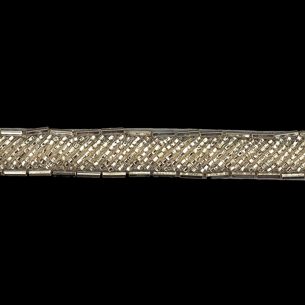 Vintage Fancy Off-White and Silver Bugle Beaded Trim - 0.625" Detail