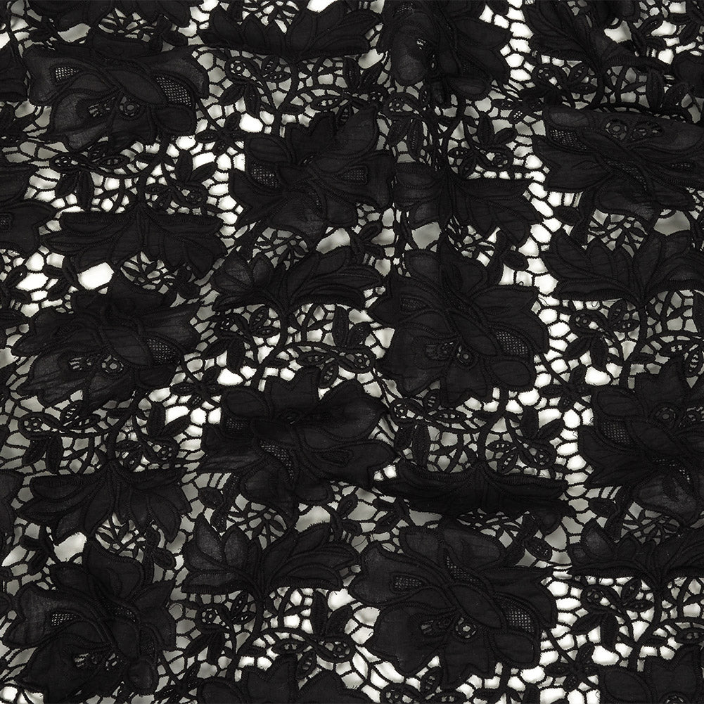 Famous Australian Designer Black Floral Guipure Lace with Scalloped Edges