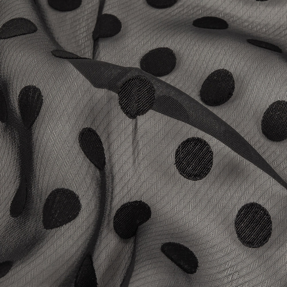 Famous Australian Designer Black Polyester Chiffon with Satin Burnout Polka Dots Detail