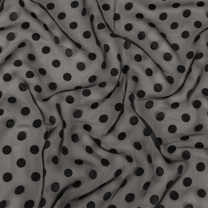 Famous Australian Designer Black Polyester Chiffon with Satin Burnout Polka Dots