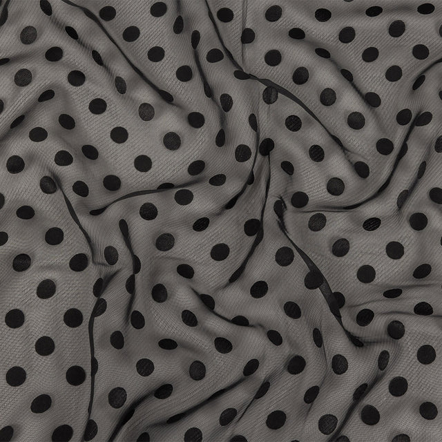 Famous Australian Designer Black Polyester Chiffon with Satin Burnout Polka Dots