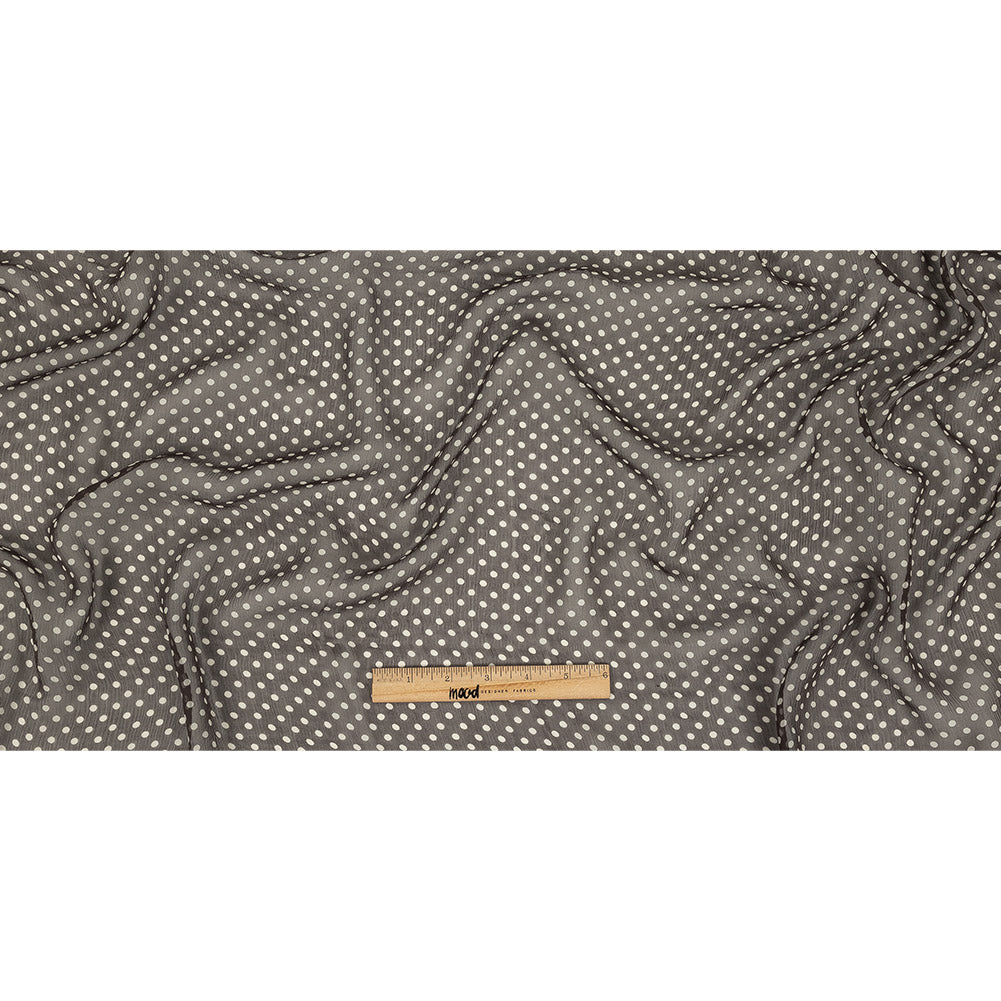 Famous Australian Designer Charcoal and Cannoli Cream Polka Dotted Crinkled Silk Chiffon Full