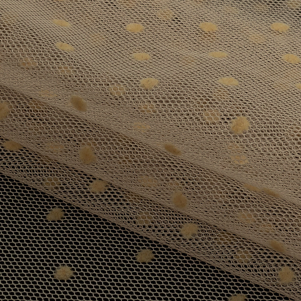 Famous Australian Designer Tea Polyester Mesh with Flocked Polka Dots Folded