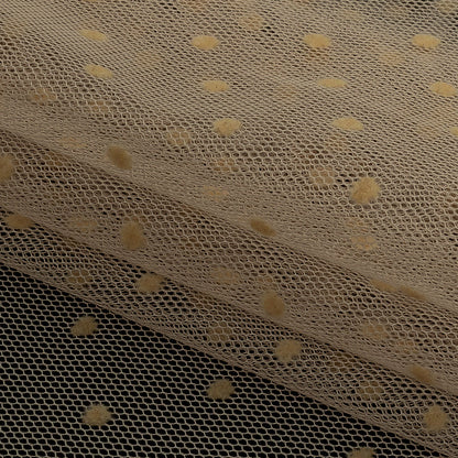 Famous Australian Designer Tea Polyester Mesh with Flocked Polka Dots Folded