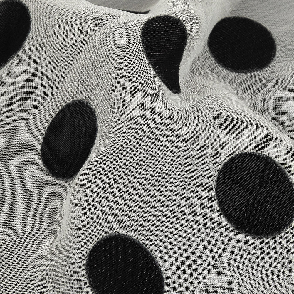 Famous Australian Designer Cloud Dancer White Polyester Chiffon with Large Black Woven Polka Dots Detail