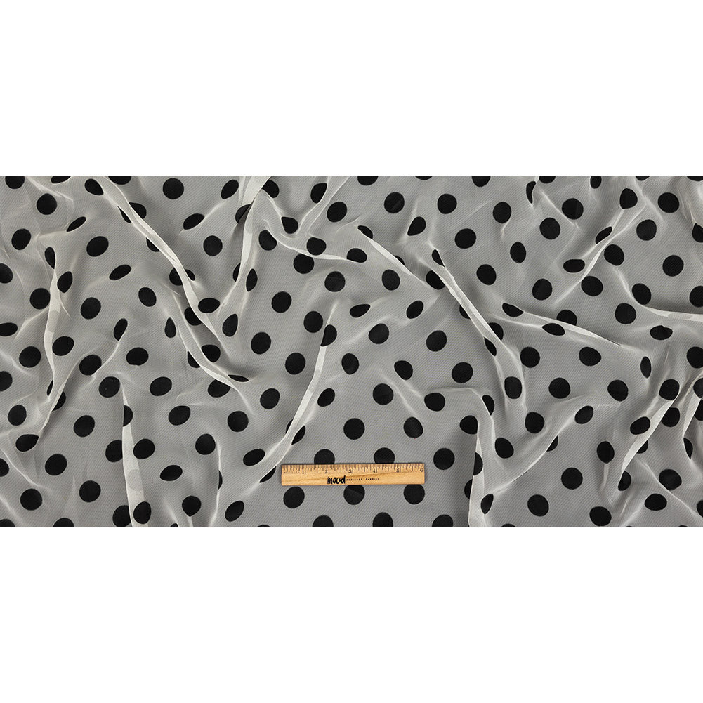 Famous Australian Designer Cloud Dancer White Polyester Chiffon with Large Black Woven Polka Dots Full