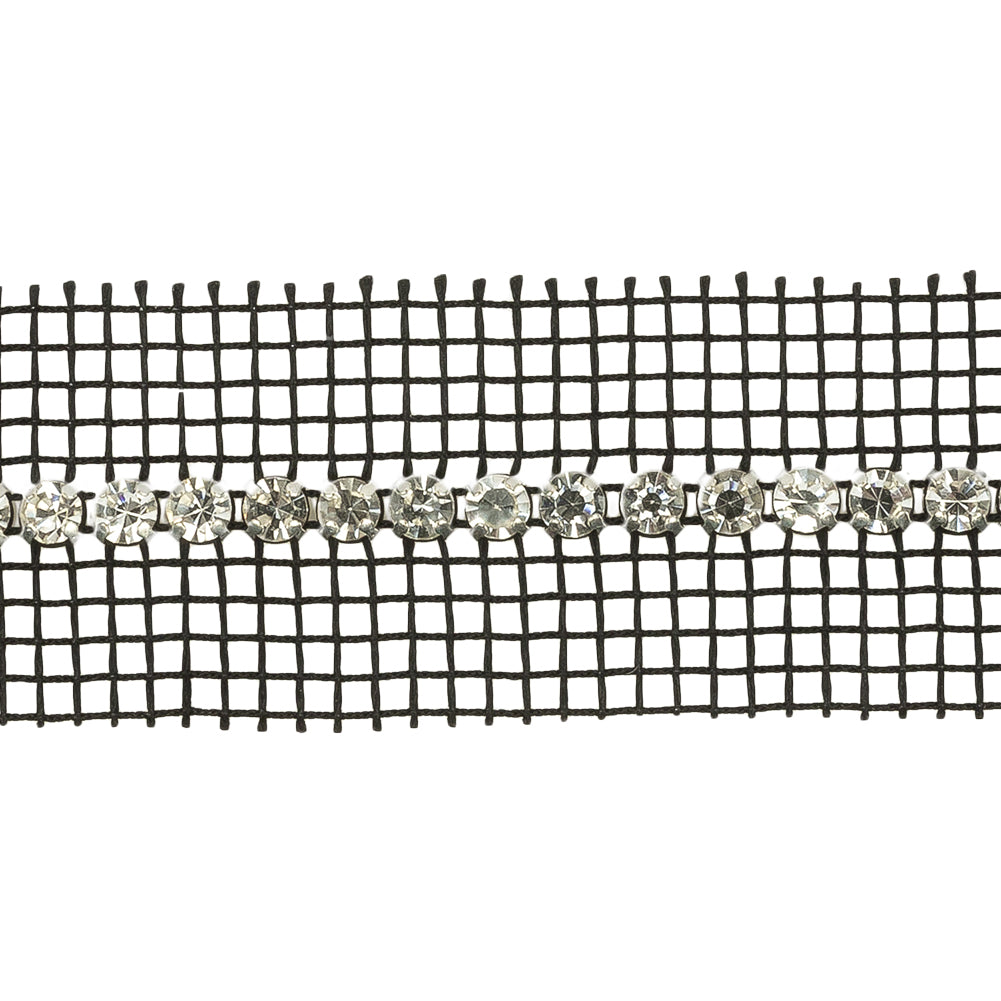 Vintage Crystal Single Row Rhinestone Trim on Black Mesh - 1.25" Detail