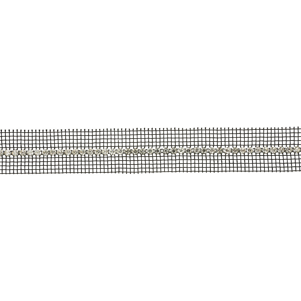 Vintage Crystal Single Row Rhinestone Trim on Black Mesh - 1.25"