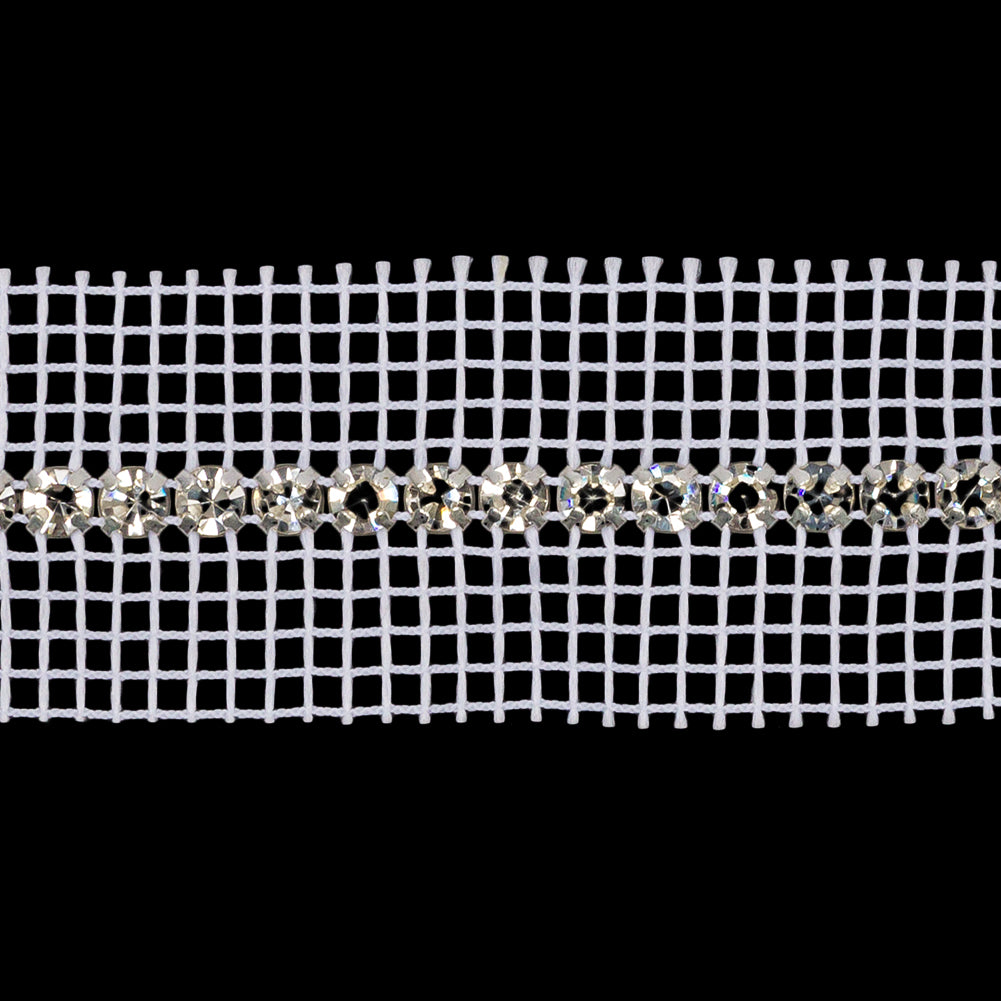 Vintage Czech Crystal and Silver Single Row Rhinestones on Double Edge White Mesh Trimming - 1.25" Detail
